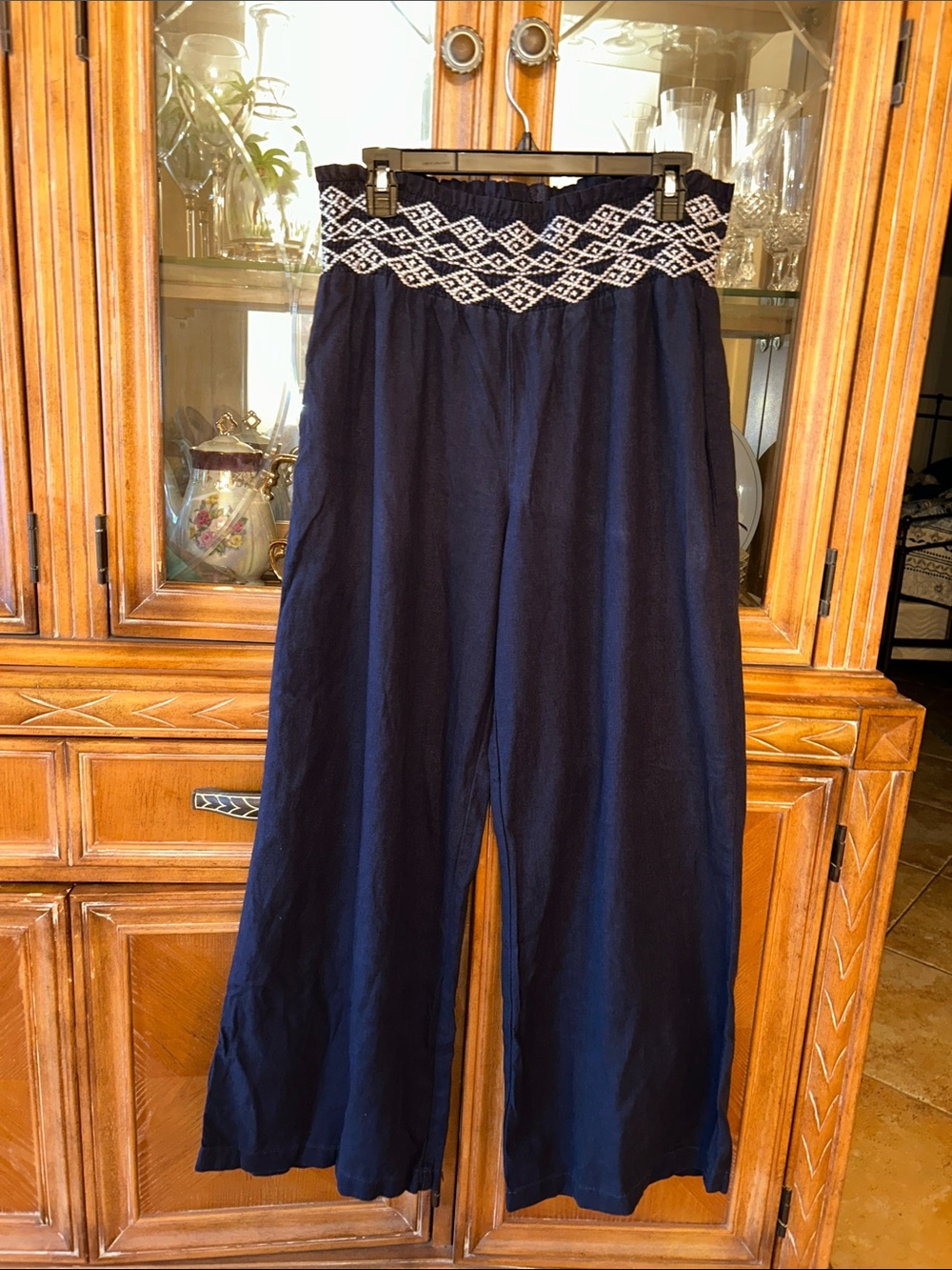 Indigo Rein Navy Wide-Leg Linen Pants with White Embroidered Waist